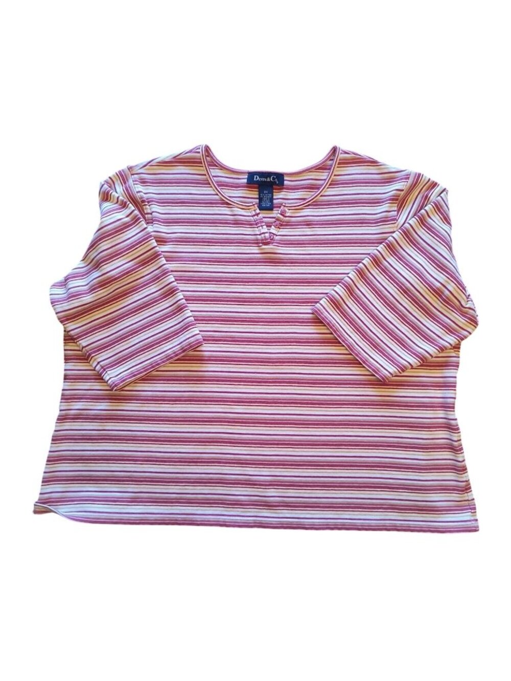 Denim & Co Womens 2X Striped Henley Top With 3/4 Sleeves In Red Pink Tan Cotton